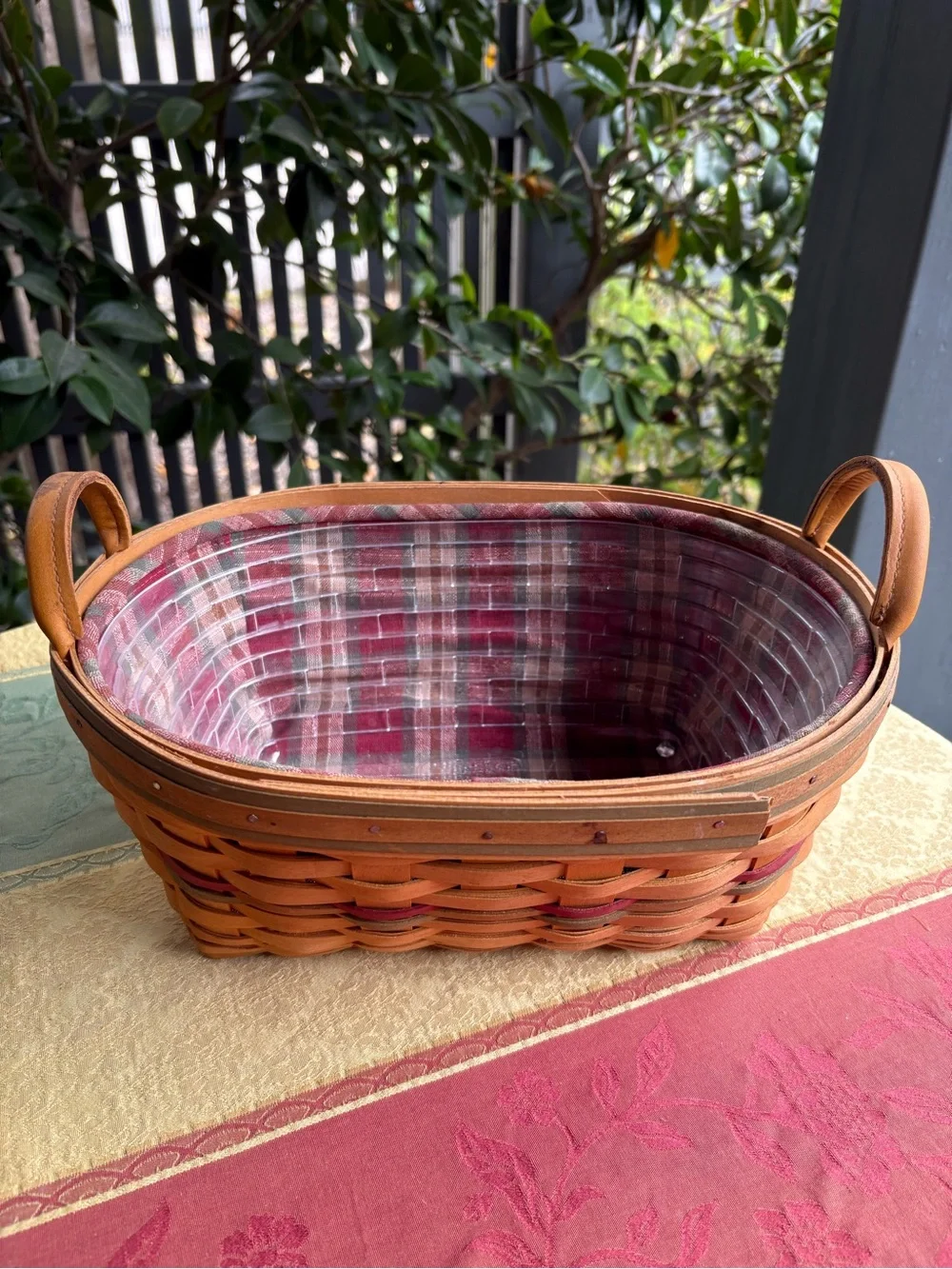 Longaberger Handwoven Brown Wicker Basket w /Red Plaid Liner/Plastic Protector